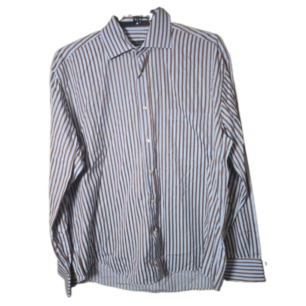 Corneliani Men's Blue Button Up Striped Shirt Size 44L 17 1/2  Made In Italy XL